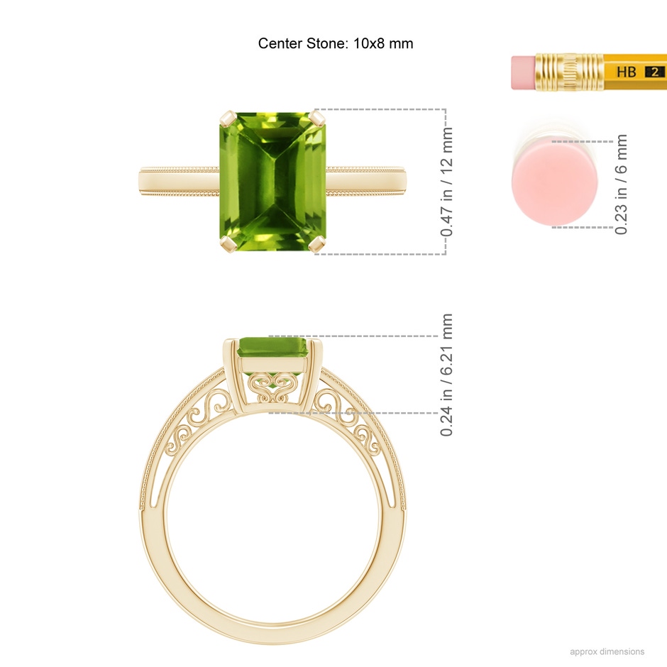 10x8mm AAAA Emerald Cut Peridot Solitaire Ring with Milgrain in Yellow Gold ruler
