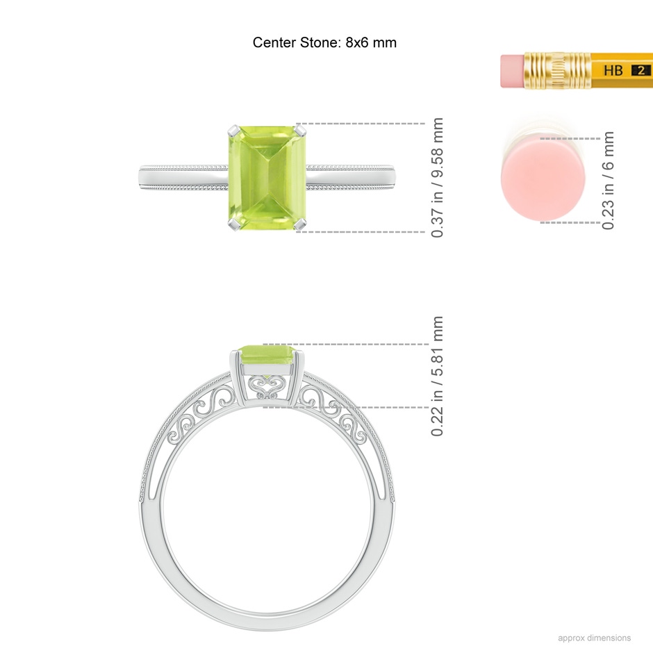 8x6mm A Emerald Cut Peridot Solitaire Ring with Milgrain in White Gold ruler