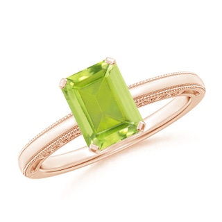 8x6mm AA Emerald Cut Peridot Solitaire Ring with Milgrain in 9K Rose Gold