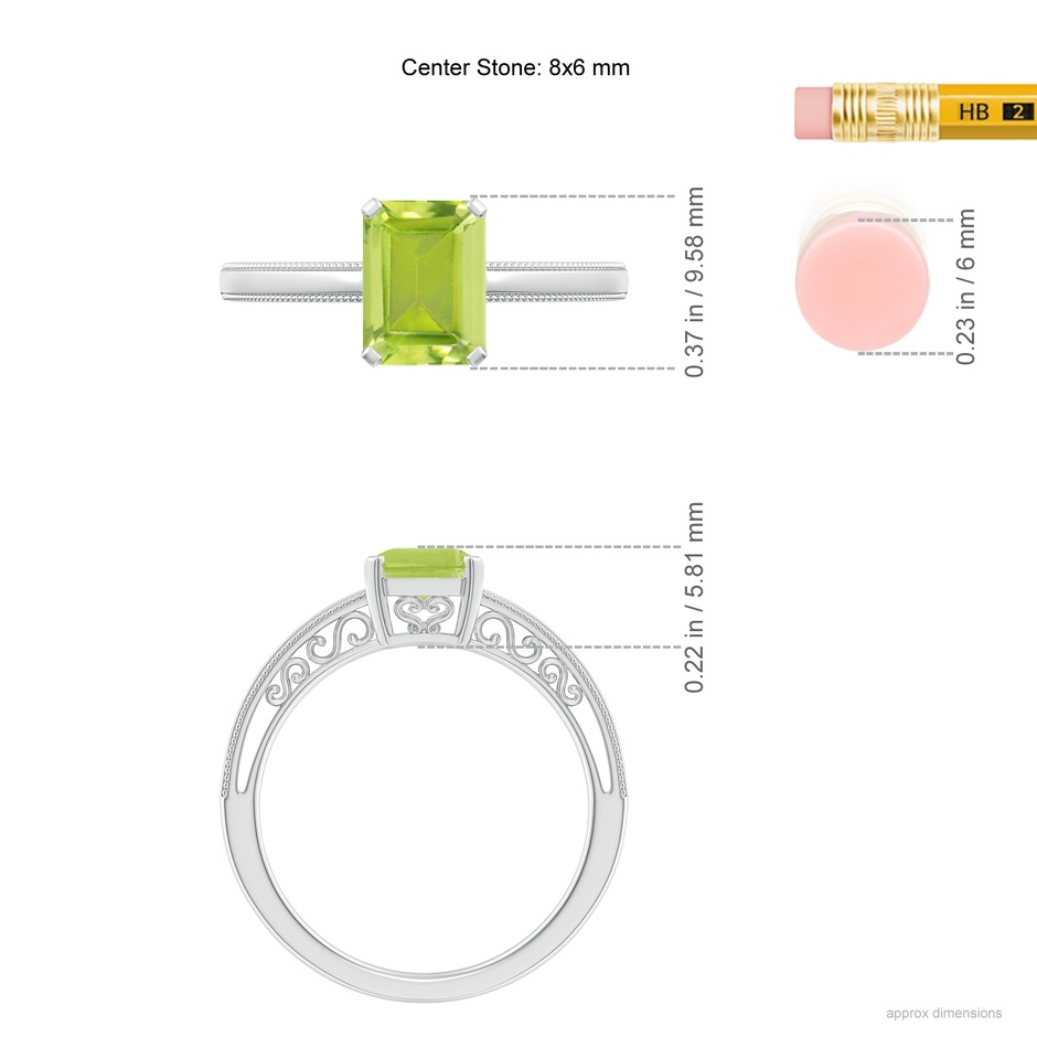 8x6mm AA Emerald Cut Peridot Solitaire Ring with Milgrain in White Gold ruler