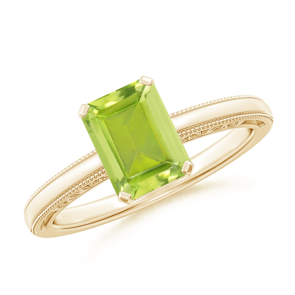 8x6mm AA Emerald Cut Peridot Solitaire Ring with Milgrain in Yellow Gold 