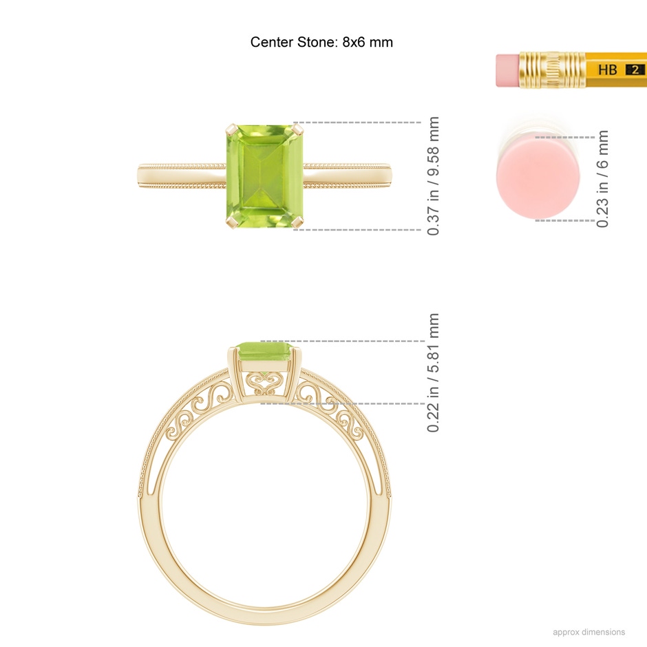8x6mm AA Emerald Cut Peridot Solitaire Ring with Milgrain in Yellow Gold ruler