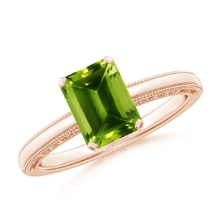 8x6mm AAAA Emerald Cut Peridot Solitaire Ring with Milgrain in 9K Rose Gold