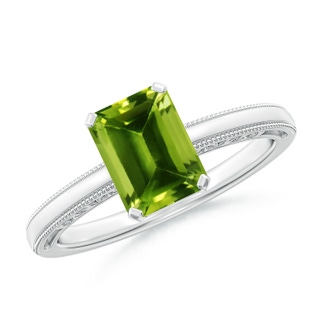 8x6mm AAAA Emerald Cut Peridot Solitaire Ring with Milgrain in White Gold