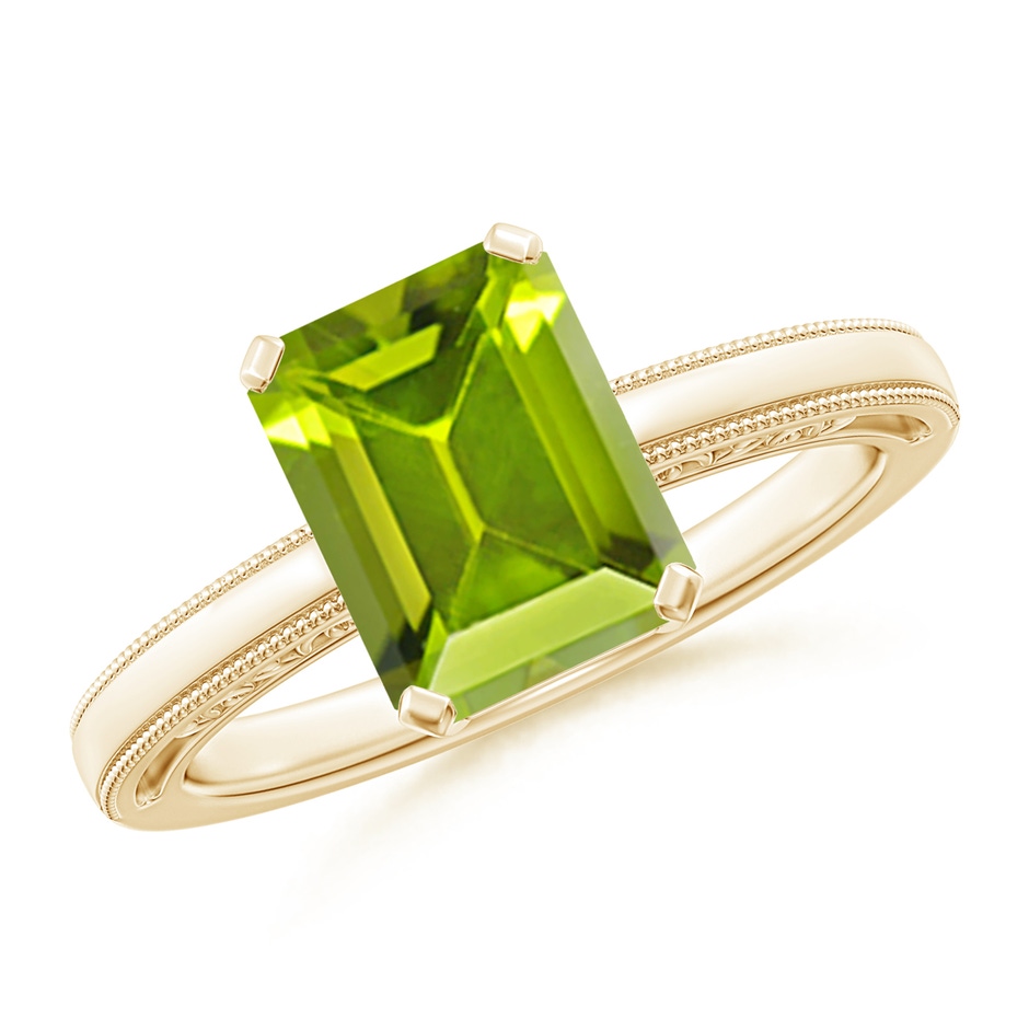 9x7mm AAA Emerald Cut Peridot Solitaire Ring with Milgrain in Yellow Gold 