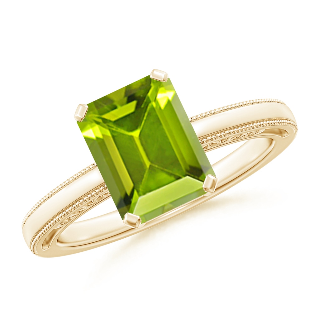 9x7mm AAA Emerald Cut Peridot Solitaire Ring with Milgrain in Yellow Gold