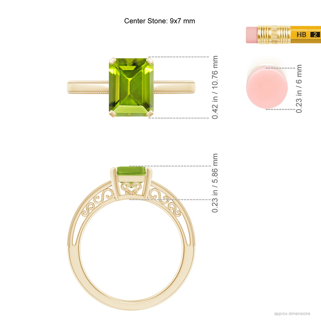 9x7mm AAA Emerald Cut Peridot Solitaire Ring with Milgrain in Yellow Gold Ruler
