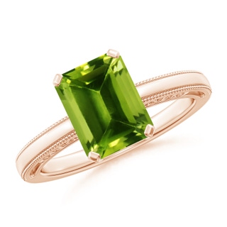 9x7mm AAAA Emerald Cut Peridot Solitaire Ring with Milgrain in Rose Gold