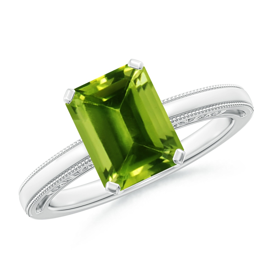 9x7mm AAAA Emerald Cut Peridot Solitaire Ring with Milgrain in White Gold 