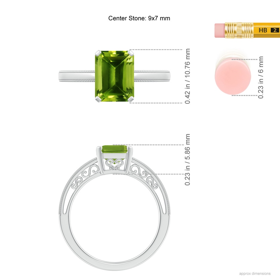9x7mm AAAA Emerald Cut Peridot Solitaire Ring with Milgrain in White Gold ruler