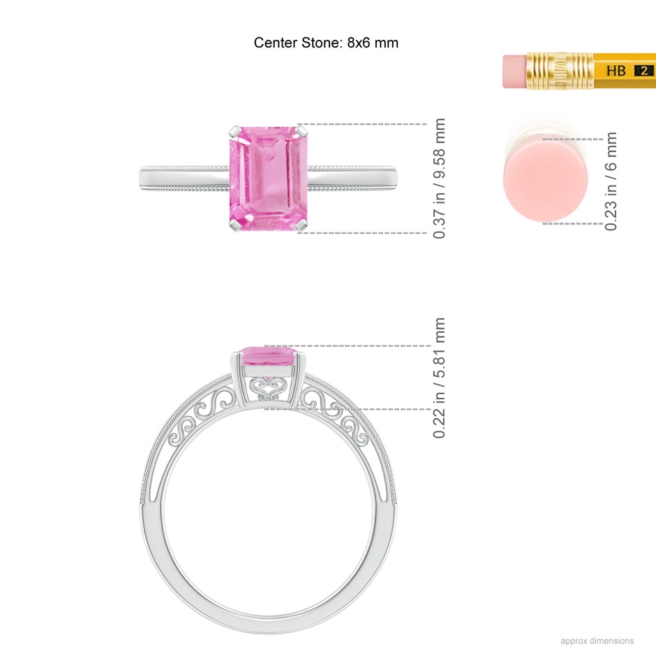 8x6mm A Emerald Cut Pink Sapphire Solitaire Ring with Milgrain in P950 Platinum ruler