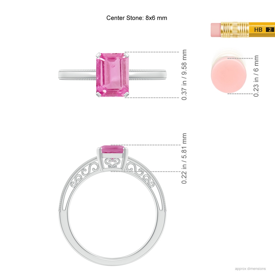 8x6mm AA Emerald Cut Pink Sapphire Solitaire Ring with Milgrain in P950 Platinum ruler
