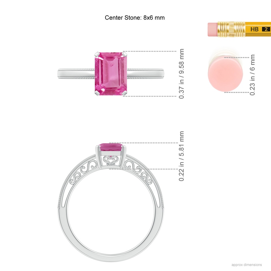 8x6mm AAA Emerald Cut Pink Sapphire Solitaire Ring with Milgrain in White Gold ruler