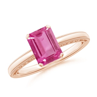 8x6mm AAAA Emerald Cut Pink Sapphire Solitaire Ring with Milgrain in 9K Rose Gold