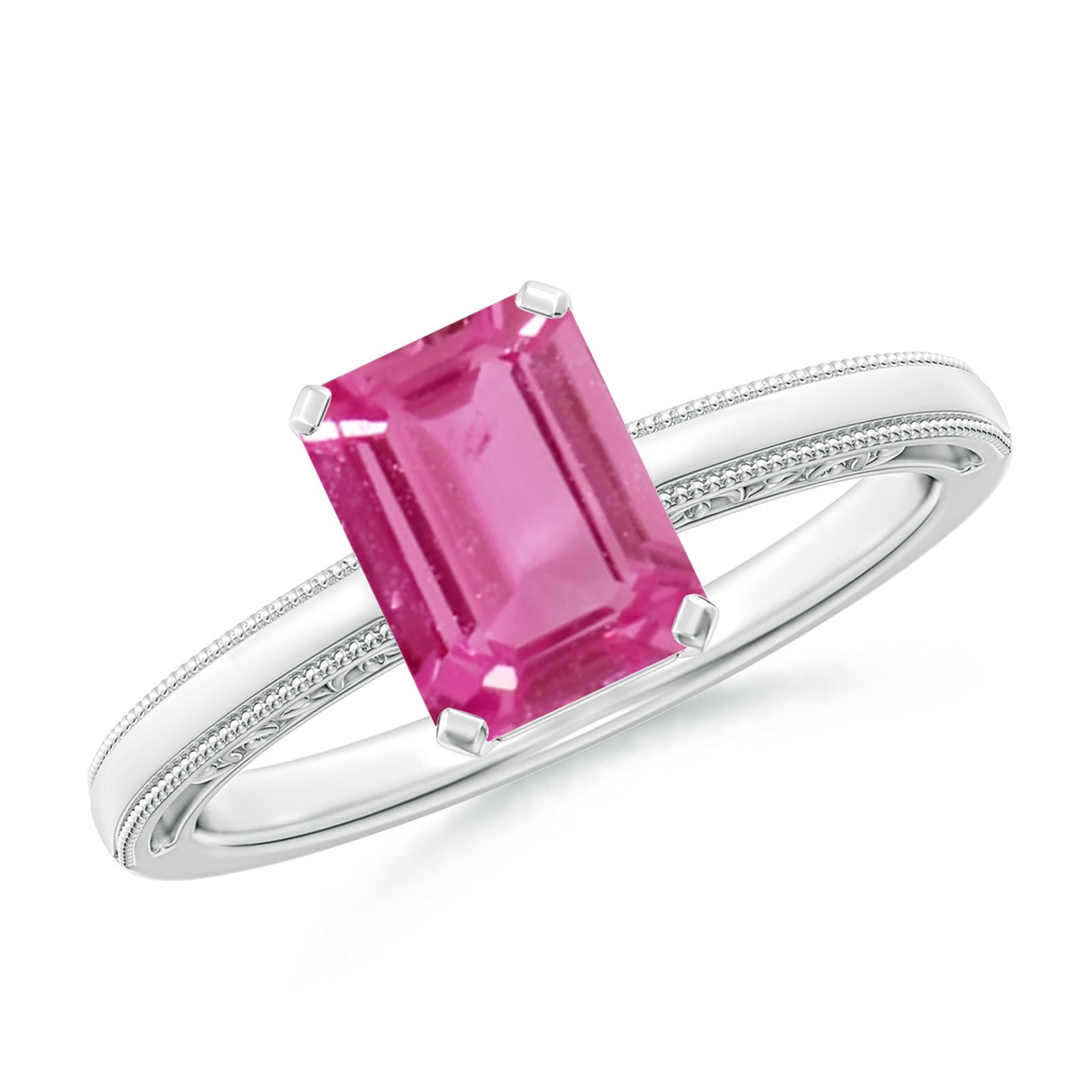 8x6mm AAAA Emerald Cut Pink Sapphire Solitaire Ring with Milgrain in P950 Platinum