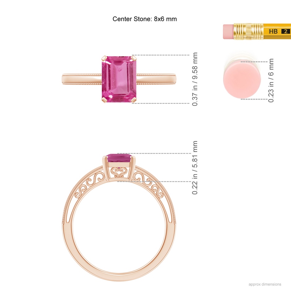 8x6mm AAAA Emerald Cut Pink Sapphire Solitaire Ring with Milgrain in Rose Gold ruler