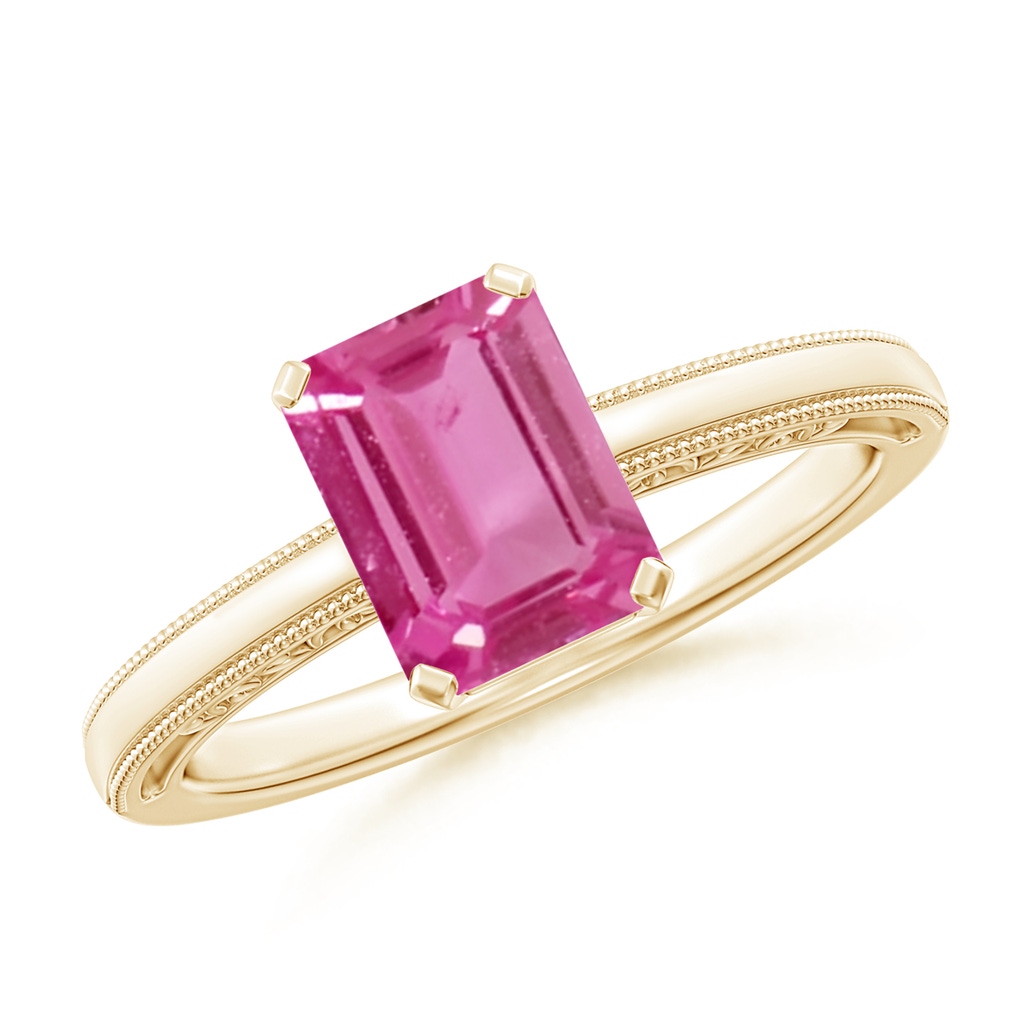 8x6mm AAAA Emerald Cut Pink Sapphire Solitaire Ring with Milgrain in Yellow Gold