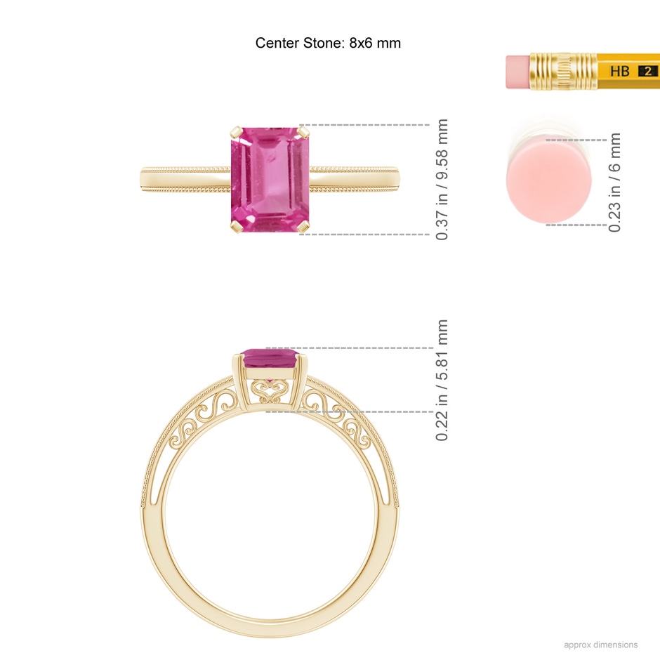 8x6mm AAAA Emerald Cut Pink Sapphire Solitaire Ring with Milgrain in Yellow Gold ruler