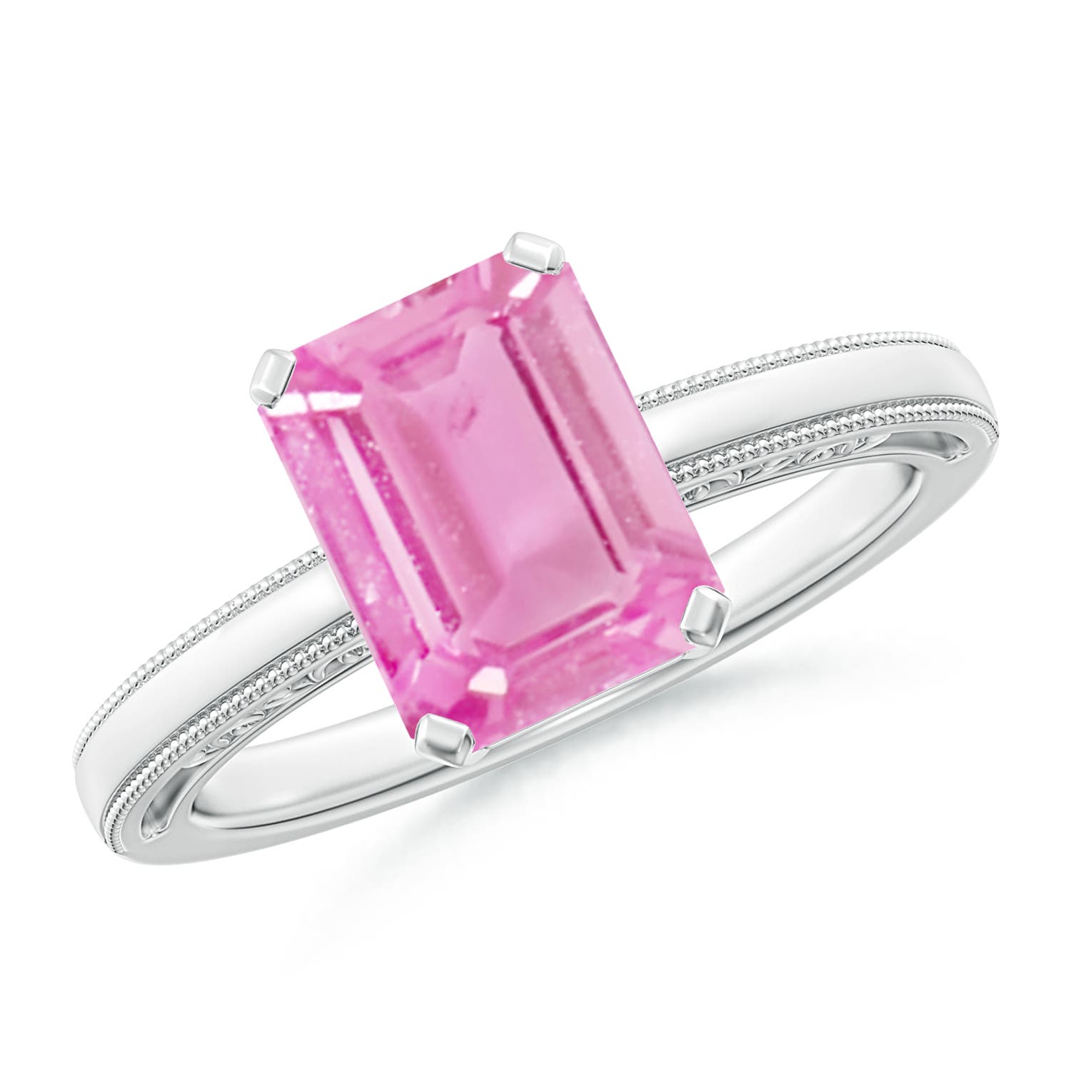 9x7mm A Emerald Cut Pink Sapphire Solitaire Ring with Milgrain in P950 Platinum