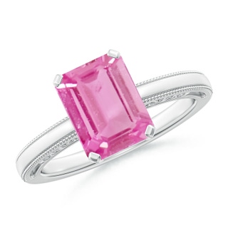 9x7mm AA Emerald Cut Pink Sapphire Solitaire Ring with Milgrain in P950 Platinum