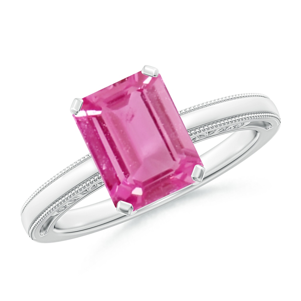 9x7mm AAA Emerald Cut Pink Sapphire Solitaire Ring with Milgrain in White Gold 