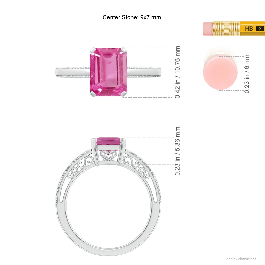 9x7mm AAA Emerald Cut Pink Sapphire Solitaire Ring with Milgrain in White Gold Ruler