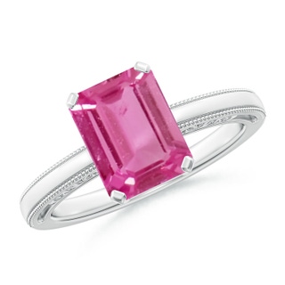 9x7mm AAAA Emerald Cut Pink Sapphire Solitaire Ring with Milgrain in P950 Platinum