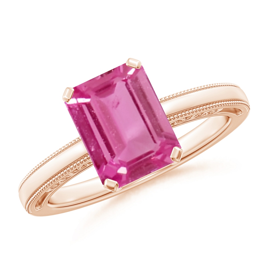 9x7mm AAAA Emerald Cut Pink Sapphire Solitaire Ring with Milgrain in Rose Gold 