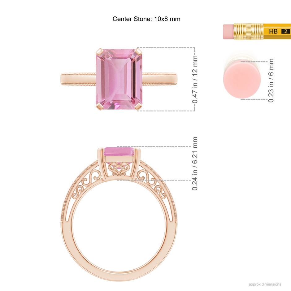 10x8mm A Emerald Cut Pink Tourmaline Solitaire Ring with Milgrain in Rose Gold ruler