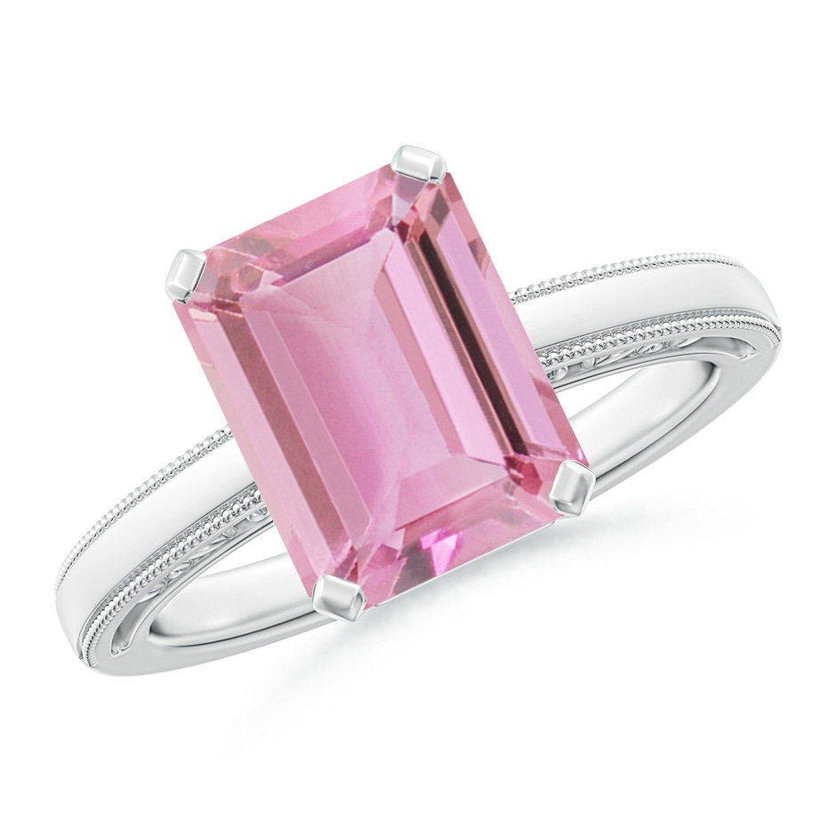 10x8mm A Emerald Cut Pink Tourmaline Solitaire Ring with Milgrain in White Gold 