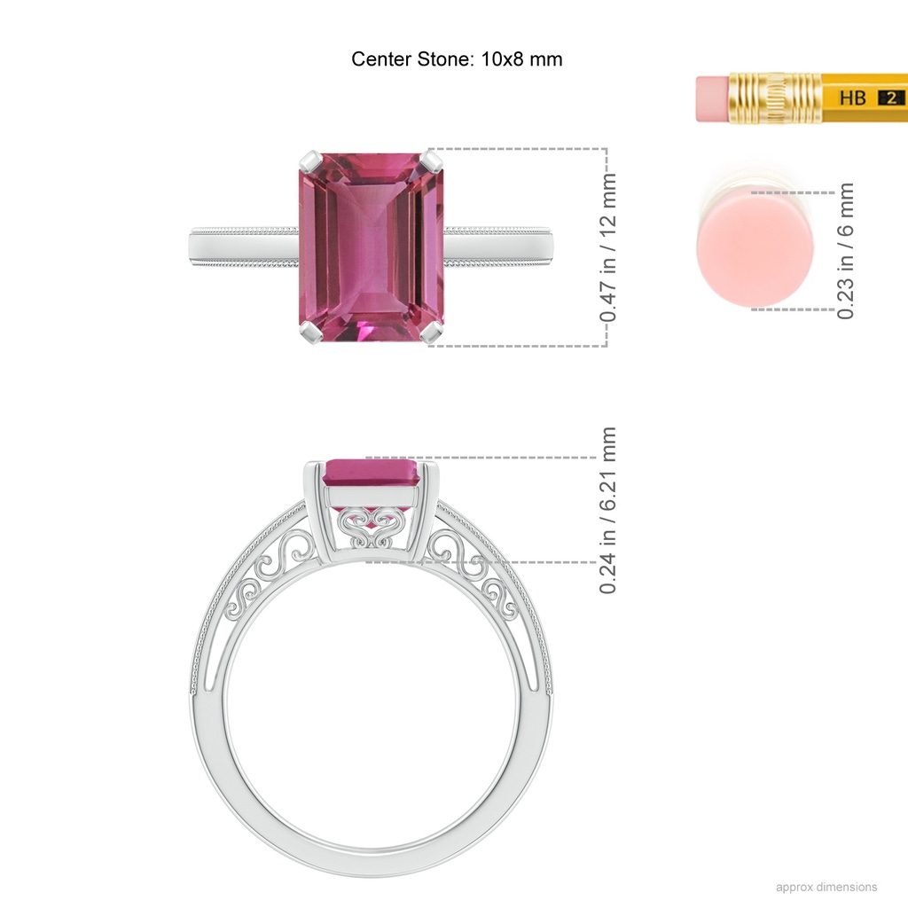 10x8mm AAAA Emerald Cut Pink Tourmaline Solitaire Ring with Milgrain in P950 Platinum Ruler
