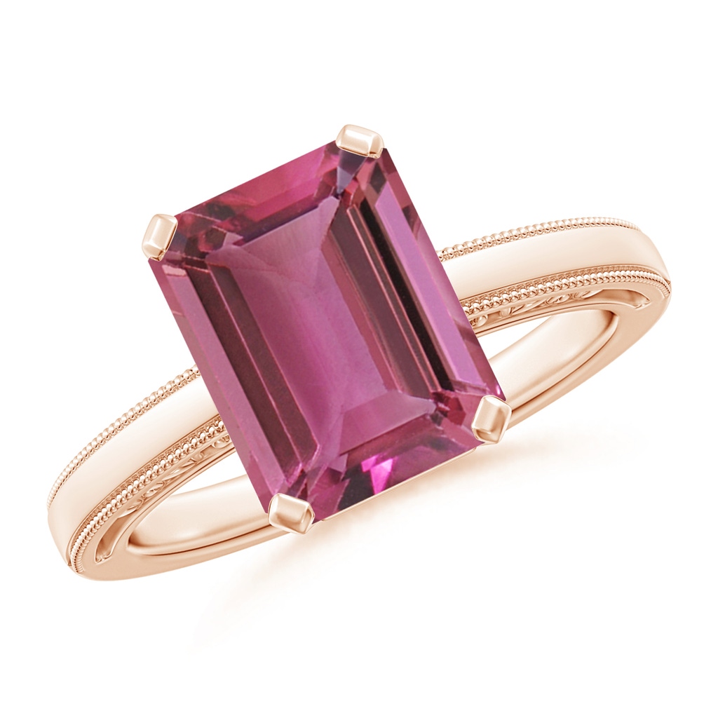 10x8mm AAAA Emerald Cut Pink Tourmaline Solitaire Ring with Milgrain in Rose Gold