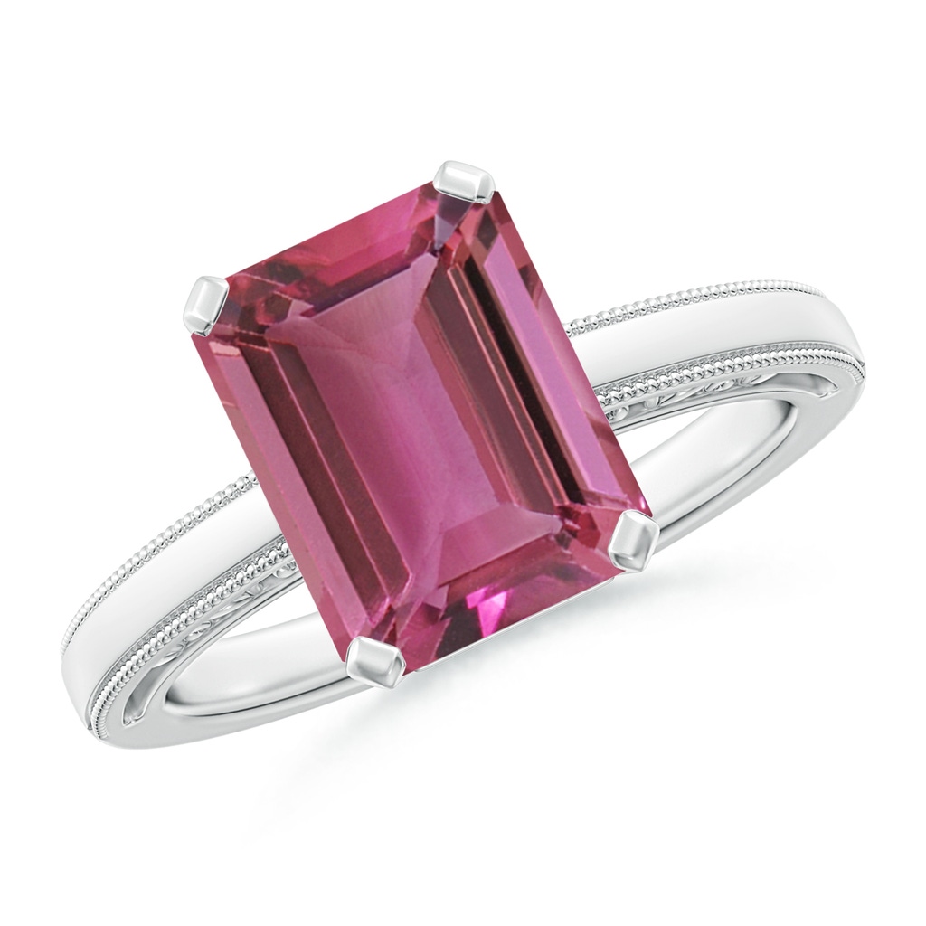 10x8mm AAAA Emerald Cut Pink Tourmaline Solitaire Ring with Milgrain in White Gold