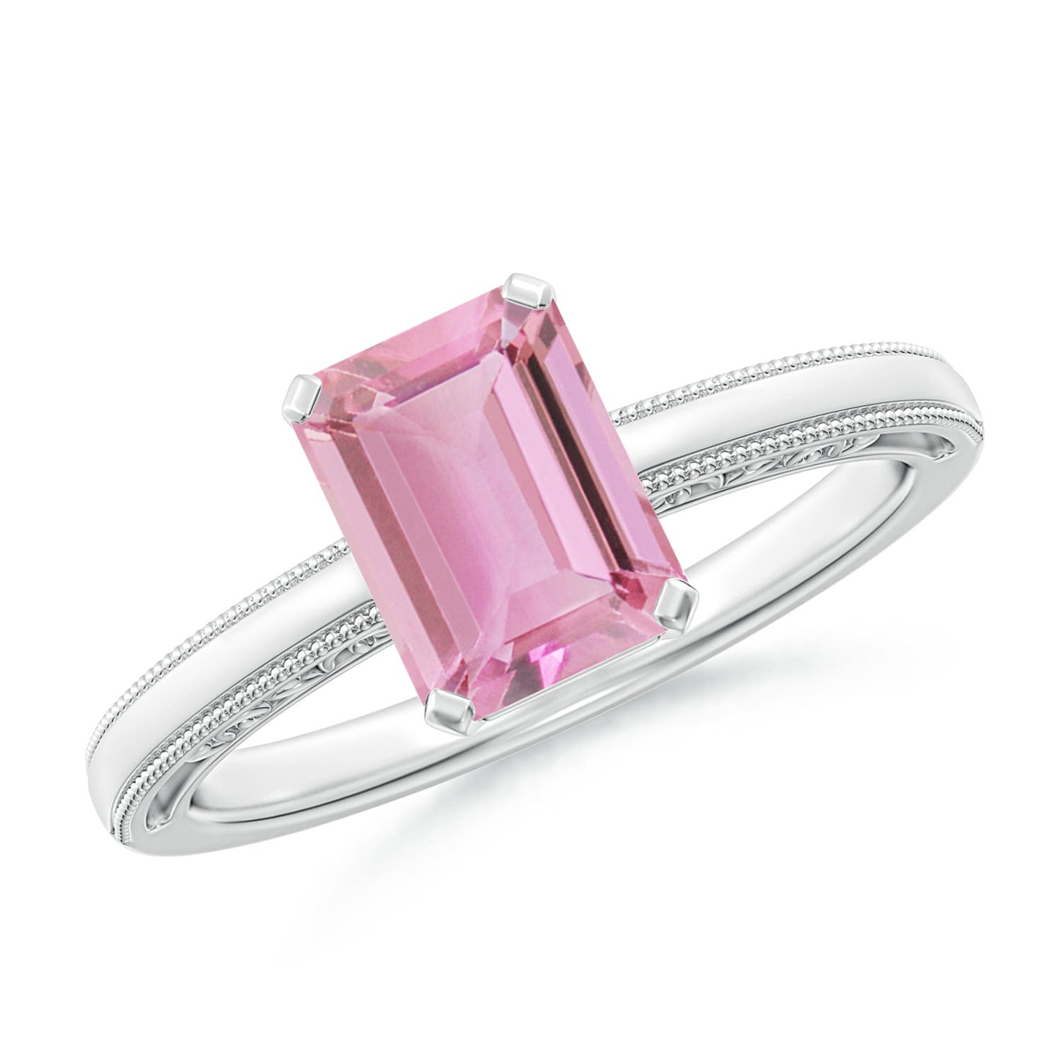 Emerald Cut Pink Tourmaline Solitaire Ring with Milgrain