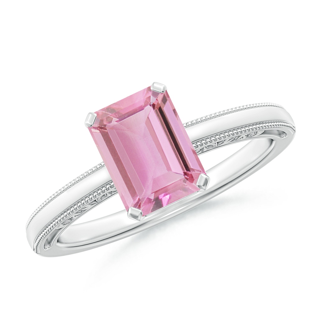 8x6mm A Emerald Cut Pink Tourmaline Solitaire Ring with Milgrain in White Gold