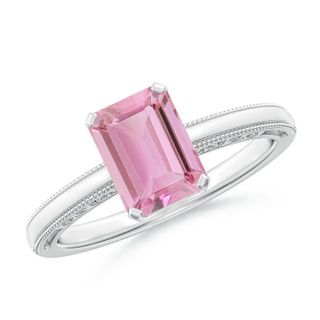 8x6mm A Emerald Cut Pink Tourmaline Solitaire Ring with Milgrain in White Gold