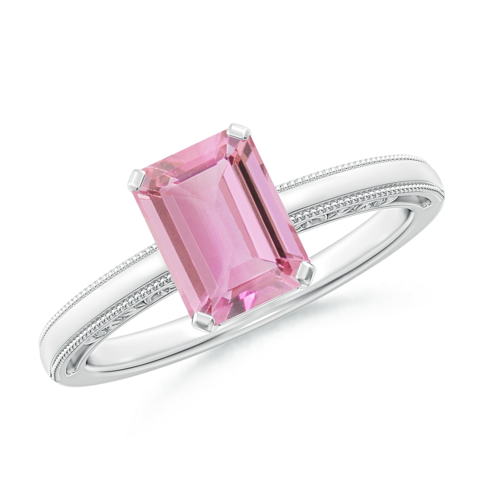 8x6mm A Emerald Cut Pink Tourmaline Solitaire Ring with Milgrain in White Gold 
