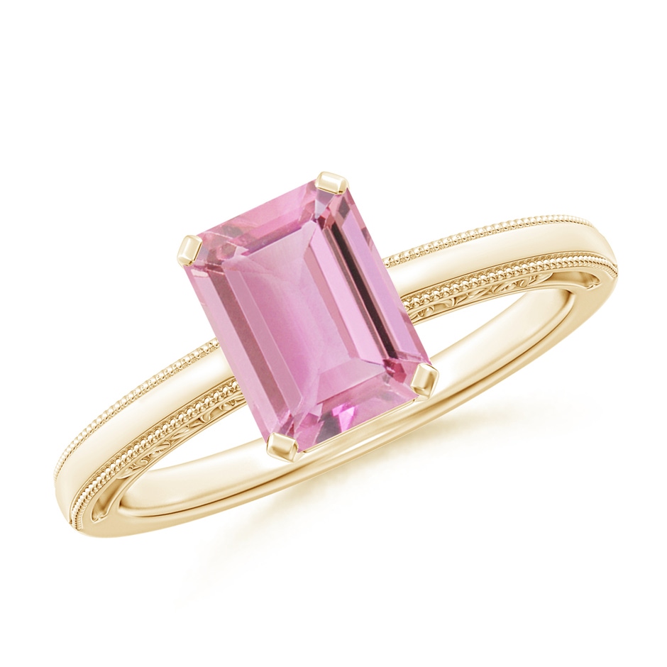8x6mm A Emerald Cut Pink Tourmaline Solitaire Ring with Milgrain in Yellow Gold 