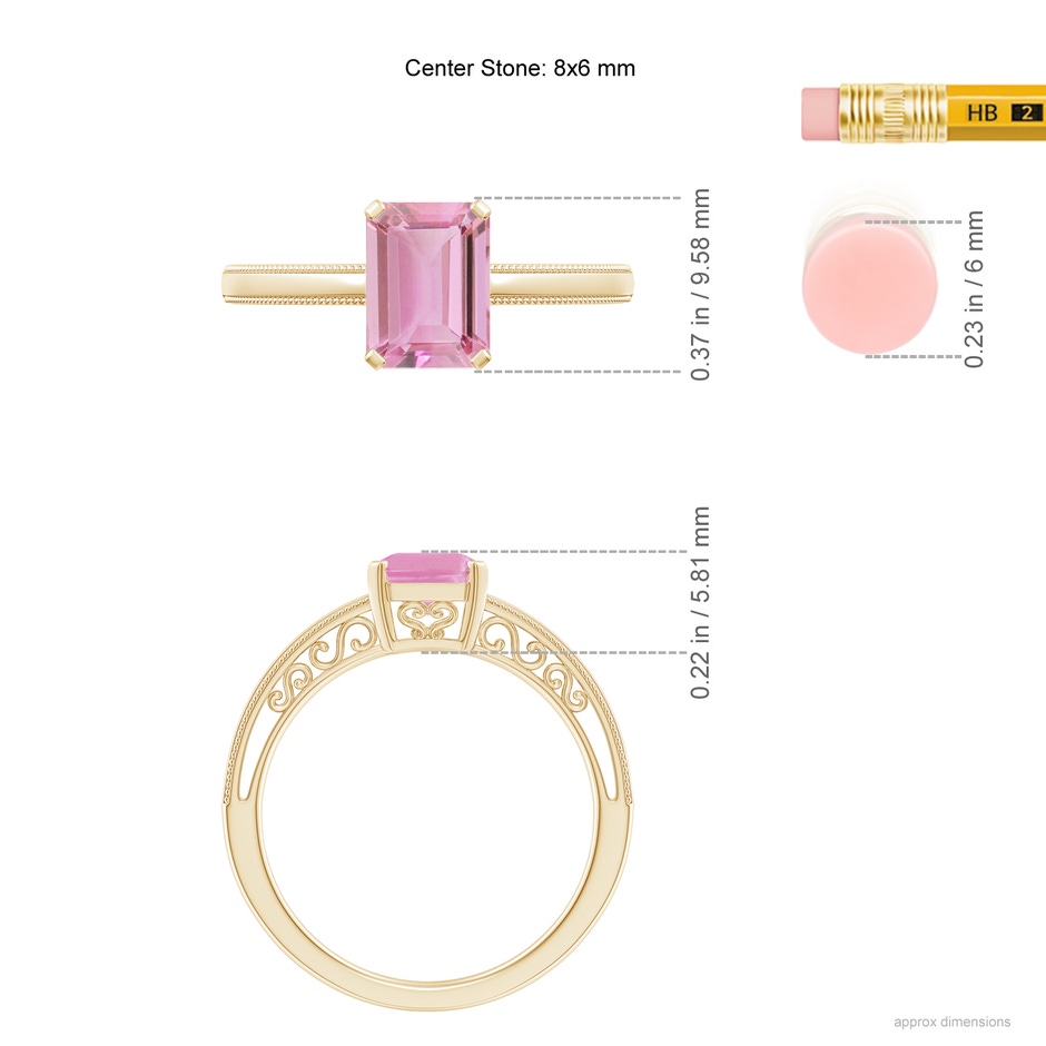 8x6mm A Emerald Cut Pink Tourmaline Solitaire Ring with Milgrain in Yellow Gold ruler