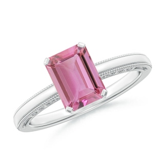 8x6mm AA Emerald Cut Pink Tourmaline Solitaire Ring with Milgrain in White Gold