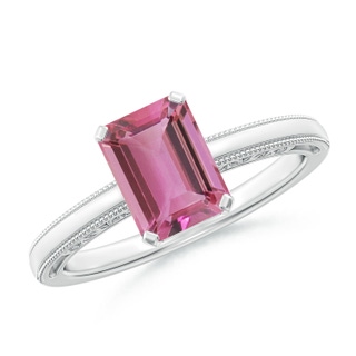 8x6mm AAA Emerald Cut Pink Tourmaline Solitaire Ring with Milgrain in White Gold