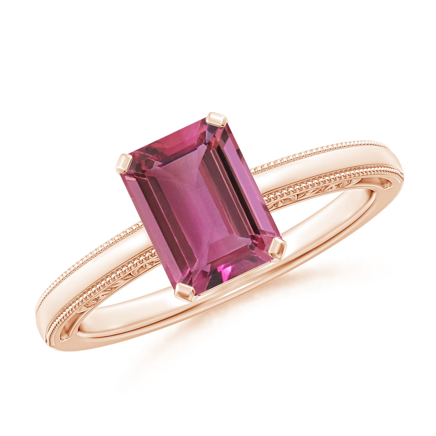 8x6mm AAAA Emerald Cut Pink Tourmaline Solitaire Ring with Milgrain in Rose Gold