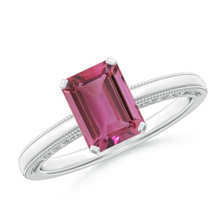 8x6mm AAAA Emerald Cut Pink Tourmaline Solitaire Ring with Milgrain in White Gold