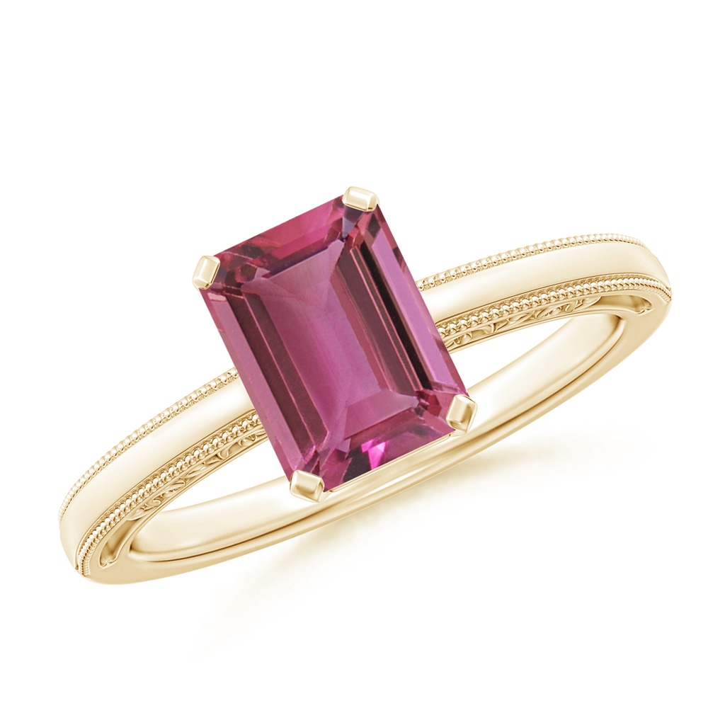 8x6mm AAAA Emerald Cut Pink Tourmaline Solitaire Ring with Milgrain in Yellow Gold