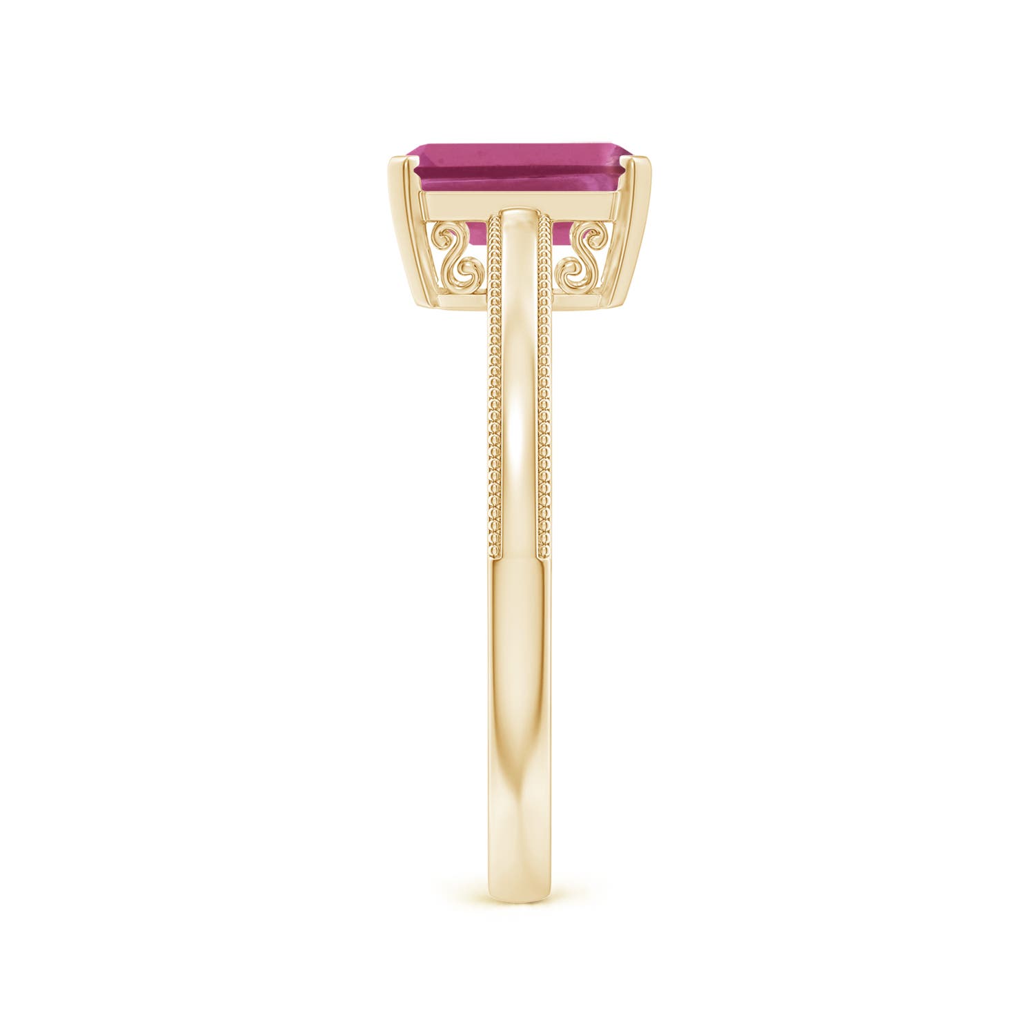 8x6mm AAAA Emerald Cut Pink Tourmaline Solitaire Ring with Milgrain in Yellow Gold - side 5
