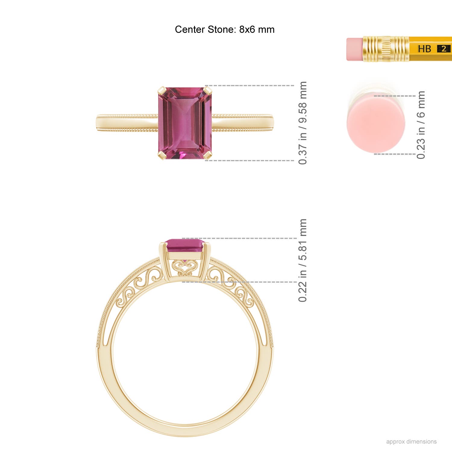 8x6mm AAAA Emerald Cut Pink Tourmaline Solitaire Ring with Milgrain in Yellow Gold - ruler