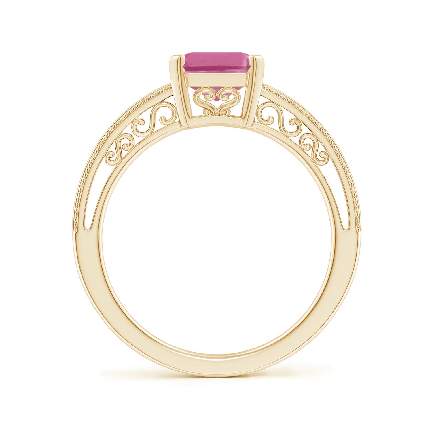 9x7mm AAA Emerald Cut Pink Tourmaline Solitaire Ring with Milgrain in Yellow Gold