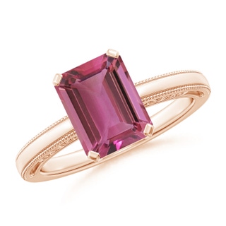 9x7mm AAAA Emerald Cut Pink Tourmaline Solitaire Ring with Milgrain in Rose Gold