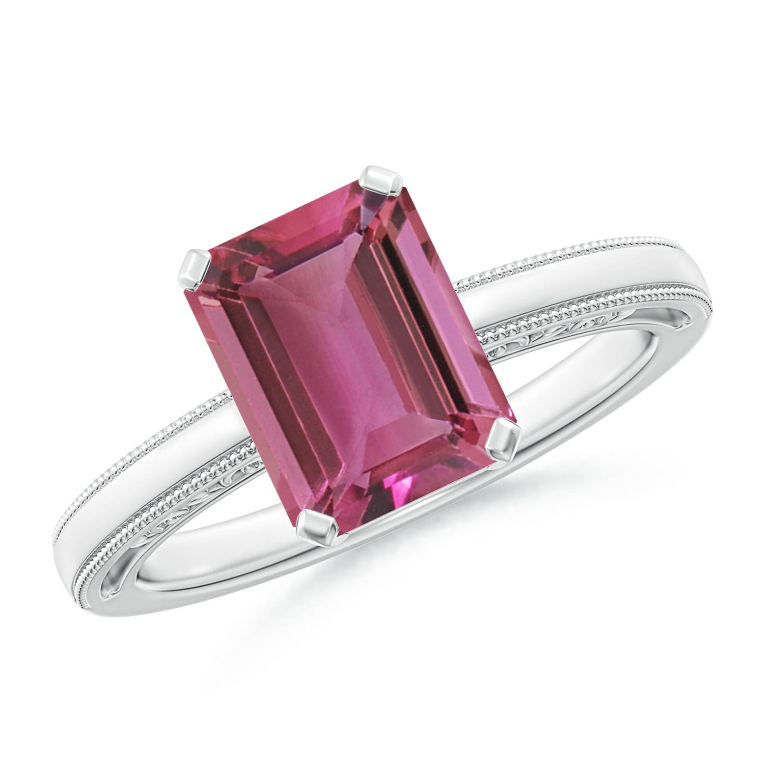 9x7mm AAAA Emerald Cut Pink Tourmaline Solitaire Ring with Milgrain in White Gold