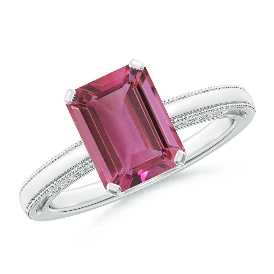 9x7mm AAAA Emerald Cut Pink Tourmaline Solitaire Ring with Milgrain in White Gold 